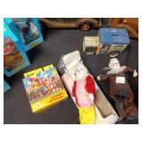 Assorted Vintage Clown Collectibles and Wooden Cars Set