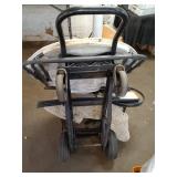 Collection of Garage Items: Folding Chairs, Bicycles, and Hand Trucks