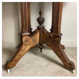 Victorian Hand Carved Parlor Table on Wheels with Marble Top
