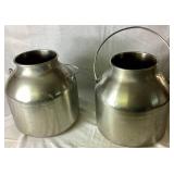 Two Stainless Steel Milk Containers/Buckets 13" H x 13" bottom diameter, 7.5" opening diameter