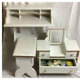 Vintage Childs Vanity (no mirror) and Writing Desk with Bench, with Vintage Plastic Play Corning Ware Set & Akro Agate Glass Toy Teacup, Plates, and Pitcher