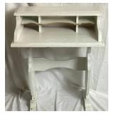 Vintage Childs Vanity (no mirror) and Writing Desk with Bench, with Vintage Plastic Play Corning Ware Set & Akro Agate Glass Toy Teacup, Plates, and Pitcher