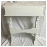 Vintage Childs Vanity (no mirror) and Writing Desk with Bench, with Vintage Plastic Play Corning Ware Set & Akro Agate Glass Toy Teacup, Plates, and Pitcher