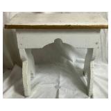 Vintage Childs Vanity (no mirror) and Writing Desk with Bench, with Vintage Plastic Play Corning Ware Set & Akro Agate Glass Toy Teacup, Plates, and Pitcher