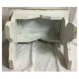 Vintage Childs Vanity (no mirror) and Writing Desk with Bench, with Vintage Plastic Play Corning Ware Set & Akro Agate Glass Toy Teacup, Plates, and Pitcher