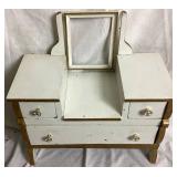 Vintage Childs Vanity (no mirror) and Writing Desk with Bench, with Vintage Plastic Play Corning Ware Set & Akro Agate Glass Toy Teacup, Plates, and Pitcher