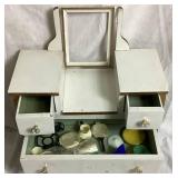 Vintage Childs Vanity (no mirror) and Writing Desk with Bench, with Vintage Plastic Play Corning Ware Set & Akro Agate Glass Toy Teacup, Plates, and Pitcher