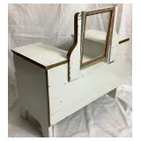 Vintage Childs Vanity (no mirror) and Writing Desk with Bench, with Vintage Plastic Play Corning Ware Set & Akro Agate Glass Toy Teacup, Plates, and Pitcher