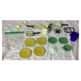 Vintage Childs Vanity (no mirror) and Writing Desk with Bench, with Vintage Plastic Play Corning Ware Set & Akro Agate Glass Toy Teacup, Plates, and Pitcher