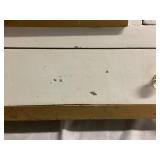 Vintage Childs Vanity (no mirror) and Writing Desk with Bench, with Vintage Plastic Play Corning Ware Set & Akro Agate Glass Toy Teacup, Plates, and Pitcher