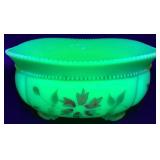 Antique Tartentum Painted Glass Master Berry Bowl Pomono Green Uranium Custard Glass