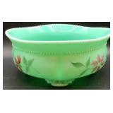Antique Tartentum Painted Glass Master Berry Bowl Pomono Green Uranium Custard Glass
