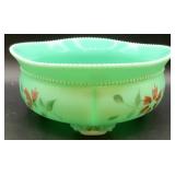 Antique Tartentum Painted Glass Master Berry Bowl Pomono Green Uranium Custard Glass