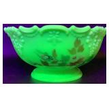 Antique Tartentum Painted Glass Pomono Green Uranium Custard Glass Berry Bowl  8.75" Round x 4.25" H