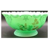 Antique Tartentum Painted Glass Pomono Green Uranium Custard Glass Berry Bowl  8.75" Round x 4.25" H