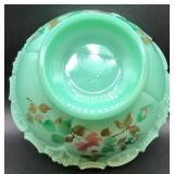 Antique Tartentum Painted Glass Pomono Green Uranium Custard Glass Berry Bowl  8.75" Round x 4.25" H