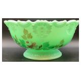Antique Tartentum Painted Glass Pomono Green Uranium Custard Glass Berry Bowl  8.75" Round x 4.25" H