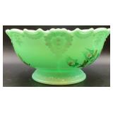 Antique Tartentum Painted Glass Pomono Green Uranium Custard Glass Berry Bowl  8.75" Round x 4.25" H