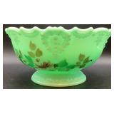 Antique Tartentum Painted Glass Pomono Green Uranium Custard Glass Berry Bowl  8.75" Round x 4.25" H