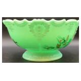 Antique Tartentum Painted Glass Pomono Green Uranium Custard Glass Berry Bowl  8.75" Round x 4.25" H