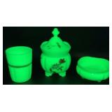 Antique Tartentum Pomono Green Uranium Custard Glass Georgia Gem, Tumbler and Sauce Bowl