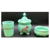 Antique Tartentum Pomono Green Uranium Custard Glass Georgia Gem, Tumbler and Sauce Bowl