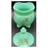 Antique Tartentum Pomono Green Uranium Custard Glass Georgia Gem, Tumbler and Sauce Bowl