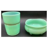 Antique Tartentum Pomono Green Uranium Custard Glass Georgia Gem, Tumbler and Sauce Bowl
