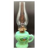 Antique Tartentum Pomono Green Painted Uranium Custard Glass Oil Lamp Heart 1 Pattern