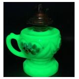 Antique Tartentum Pomono Green Painted Uranium Custard Glass Oil Lamp Heart 1 Pattern