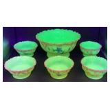 Antique Tarentum Victoria Hand Painted Custard Uranium Glass Berry Bowl and 5 Sauce Bowls