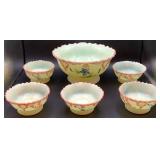 Antique Tarentum Victoria Hand Painted Custard Uranium Glass Berry Bowl and 5 Sauce Bowls