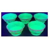Antique Tarentum Victoria Hand Painted Custard Uranium Glass Berry Bowl and 5 Sauce Bowls