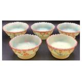 Antique Tarentum Victoria Hand Painted Custard Uranium Glass Berry Bowl and 5 Sauce Bowls