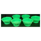 Antique Tartentum Painted Glass Sauces Bowls Pomono Green Uranium Custard Glass - Set of 6