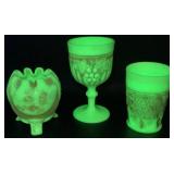 Antique Northwood Grape Custard Uranium Glass Tumbler, Fine Cut Roses Rose Bowl and Northwood Grape Gothic Arches Goblet