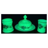 Antique Heisey Hand Painted Ring Band Custard Uranium Glass Butter Dish, Spooner and Tumbler