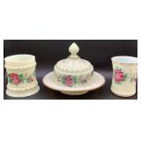 Antique Heisey Hand Painted Ring Band Custard Uranium Glass Butter Dish, Spooner and Tumbler