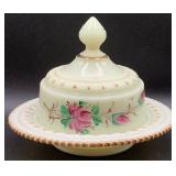 Antique Heisey Hand Painted Ring Band Custard Uranium Glass Butter Dish, Spooner and Tumbler