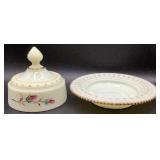 Antique Heisey Hand Painted Ring Band Custard Uranium Glass Butter Dish, Spooner and Tumbler