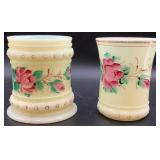 Antique Heisey Hand Painted Ring Band Custard Uranium Glass Butter Dish, Spooner and Tumbler