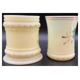 Antique Heisey Hand Painted Ring Band Custard Uranium Glass Butter Dish, Spooner and Tumbler