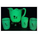 Antique Northwood Lous XV Custard Uranium Glass Pitcher 7.5" and 3 Tumblers 4"