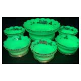 Antique Heisey Hand Painted Custard Uranium Glass Master Berry Bowl and 5 Sauce Bowls