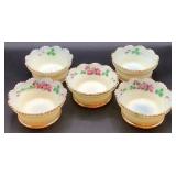 Antique Heisey Hand Painted Custard Uranium Glass Master Berry Bowl and 5 Sauce Bowls