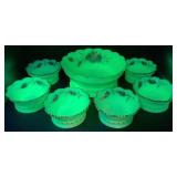 Antique Heisey Custard Uranium Glass Master Berry Bowl and 6 Sauce Bowls with Hand Painted Roses and Gold Trim