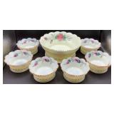 Antique Heisey Custard Uranium Glass Master Berry Bowl and 6 Sauce Bowls with Hand Painted Roses and Gold Trim