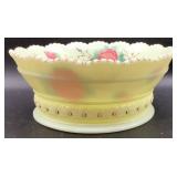 Antique Heisey Custard Uranium Glass Master Berry Bowl and 6 Sauce Bowls with Hand Painted Roses and Gold Trim