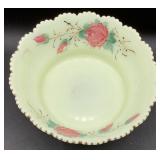 Antique Heisey Custard Uranium Glass Master Berry Bowl and 6 Sauce Bowls with Hand Painted Roses and Gold Trim