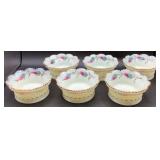 Antique Heisey Custard Uranium Glass Master Berry Bowl and 6 Sauce Bowls with Hand Painted Roses and Gold Trim